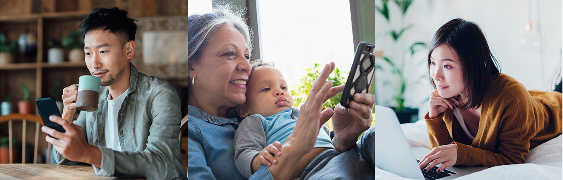 Lifestyle. Collage. Person drinking while looking at phone. Person with child looking at phone. Person looking at laptop.