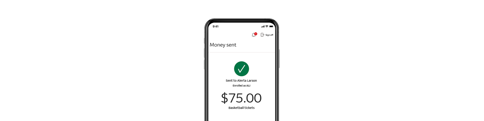 Wells Fargo app screen showing electronic payment of $75 basketball tickets