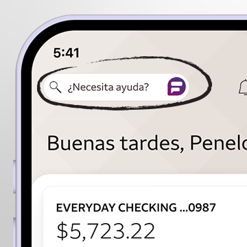 Presentación del producto. Pantalla de Ayuda en la app de Wells&nbsp;Fargo Mobile.
