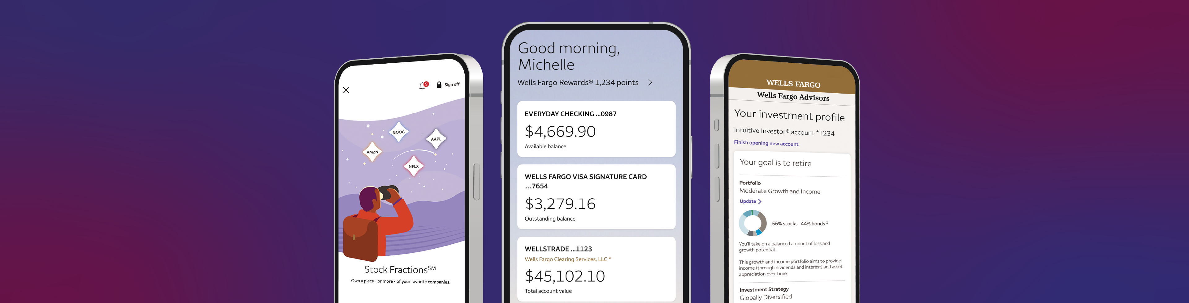 Three mobile phones with various Wells Fargo investing platforms on screen.