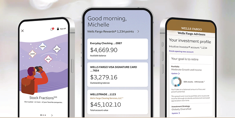 Three mobile phones with various Wells Fargo investing platforms on screen.