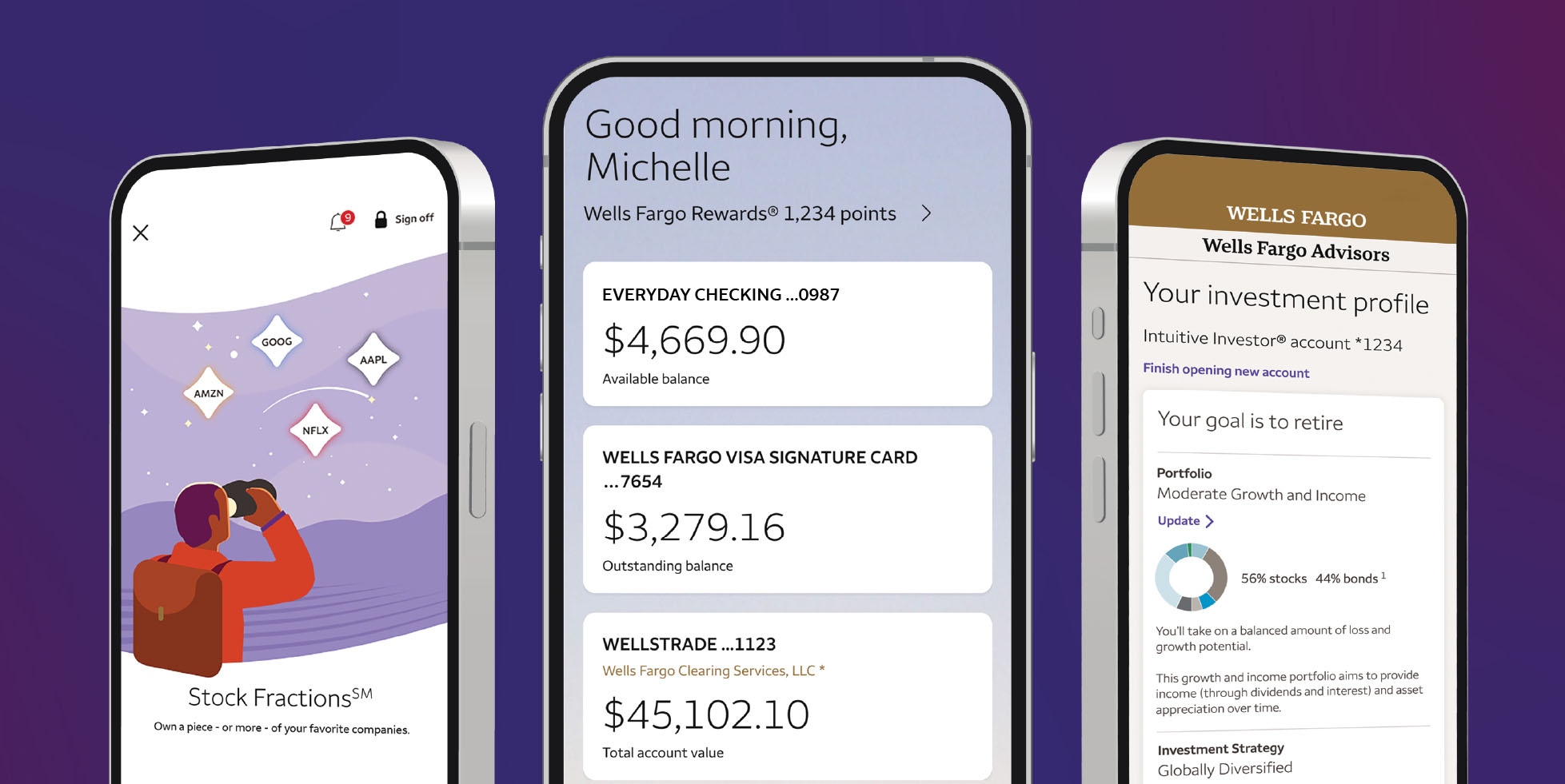 Three mobile phones with various Wells Fargo investing platforms on screen.