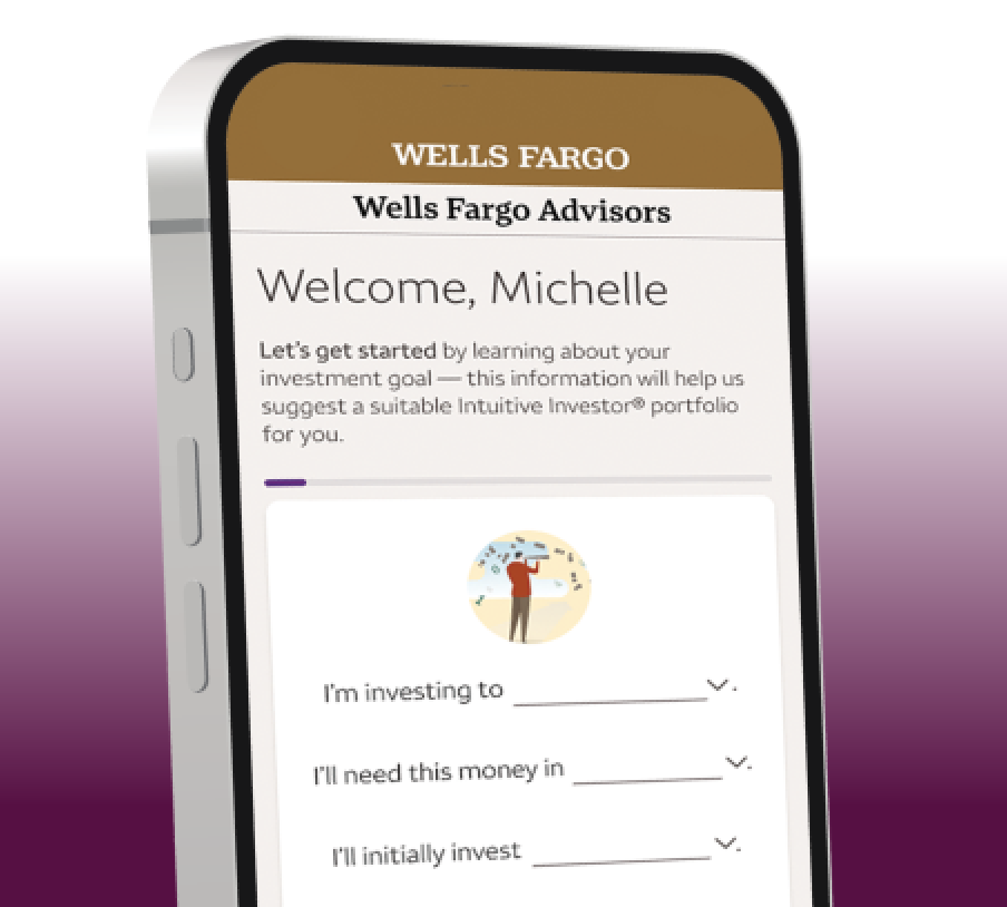 Mobile phone close-up with WellsTrade account on screen