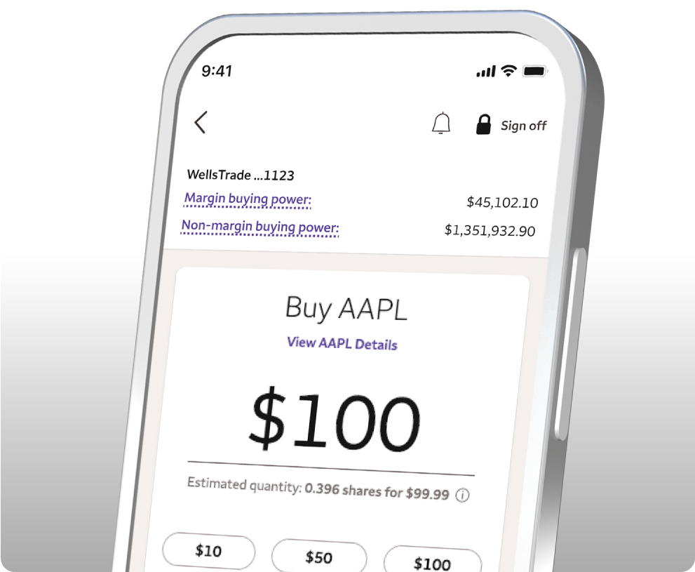 Mobile phone close-up with WellsTrade account on screen
