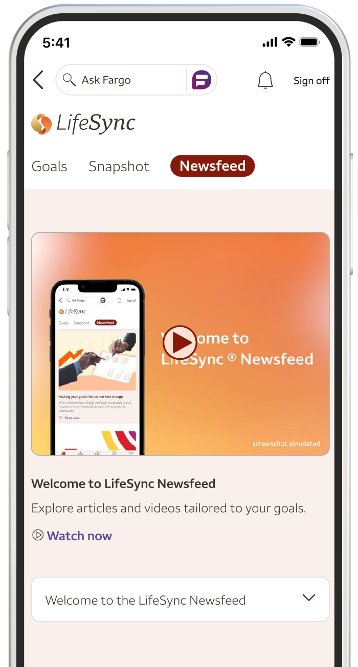 Smartphone screen displaying the Newsfeed feature of the Wells Fargo Mobile app.