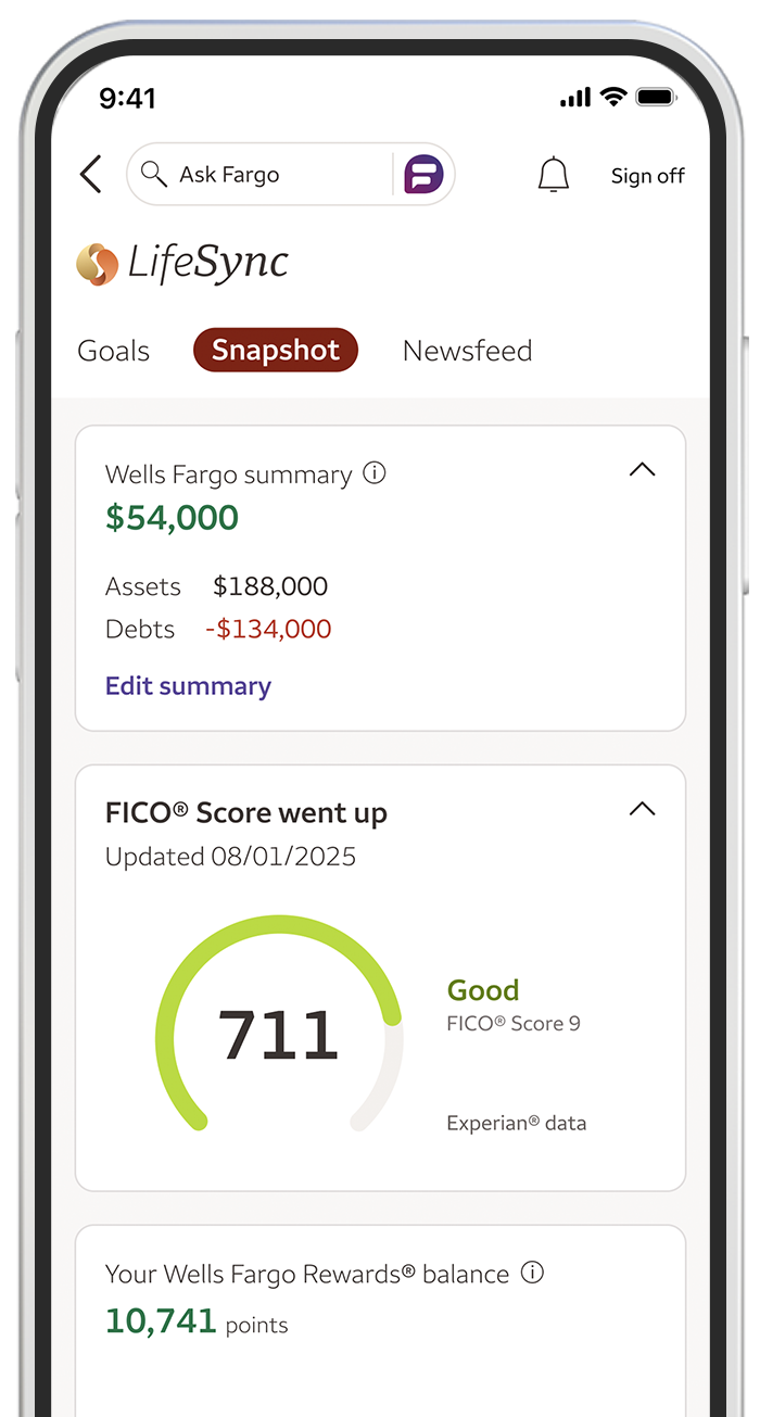 Smartphone screen displaying the Snapshot feature of the Wells Fargo Mobile app.