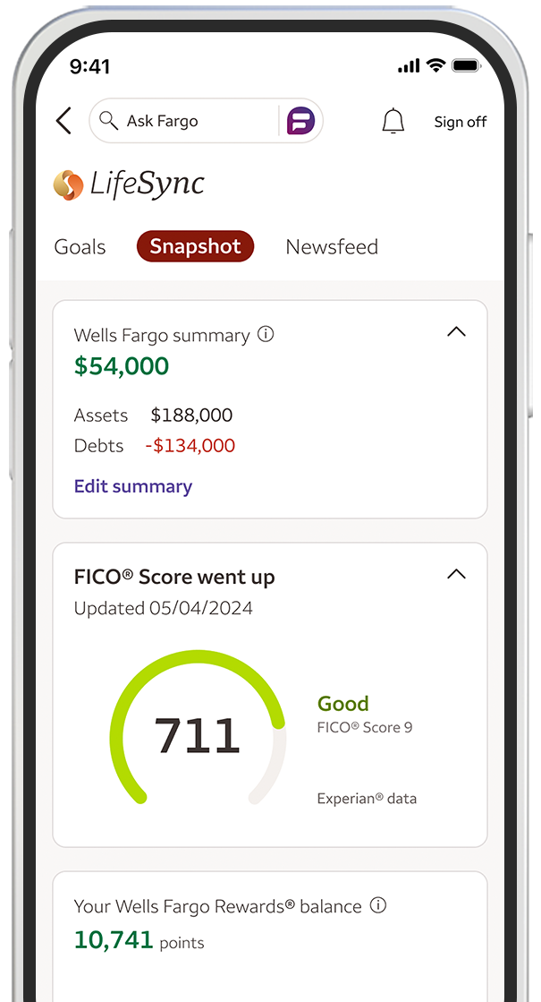 Smartphone screen displaying the Snapshot feature of the Wells Fargo Mobile app.