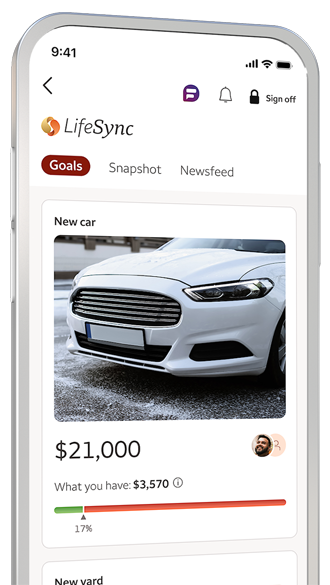 LifeSync mobile app screen featuring the Goals tab, showing customers how to track their money goals