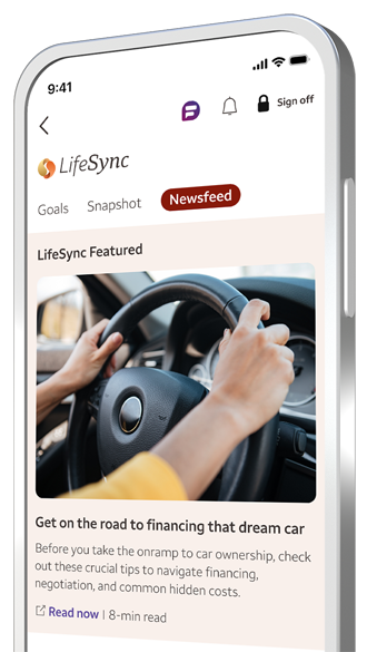 LifeSync mobile app screen featuring the Newsfeed tab, showing an article on how to finance a dream car.