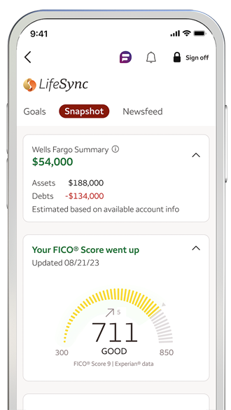 LifeSync mobile app screen featuring the Snapshot tab, showing Wells Fargo summary of customer’s finances and an update on their FICO® Score