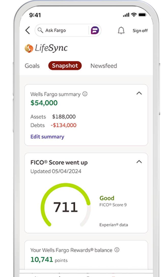 LifeSync mobile app screen featuring the Snapshot tab, showing Wells Fargo summary of customer’s finances and an update on their FICO® Score