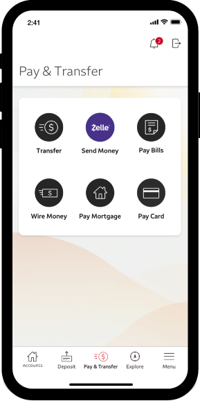 Mobile phone showing the redesigned Wells Fargo app pay and transfer screen