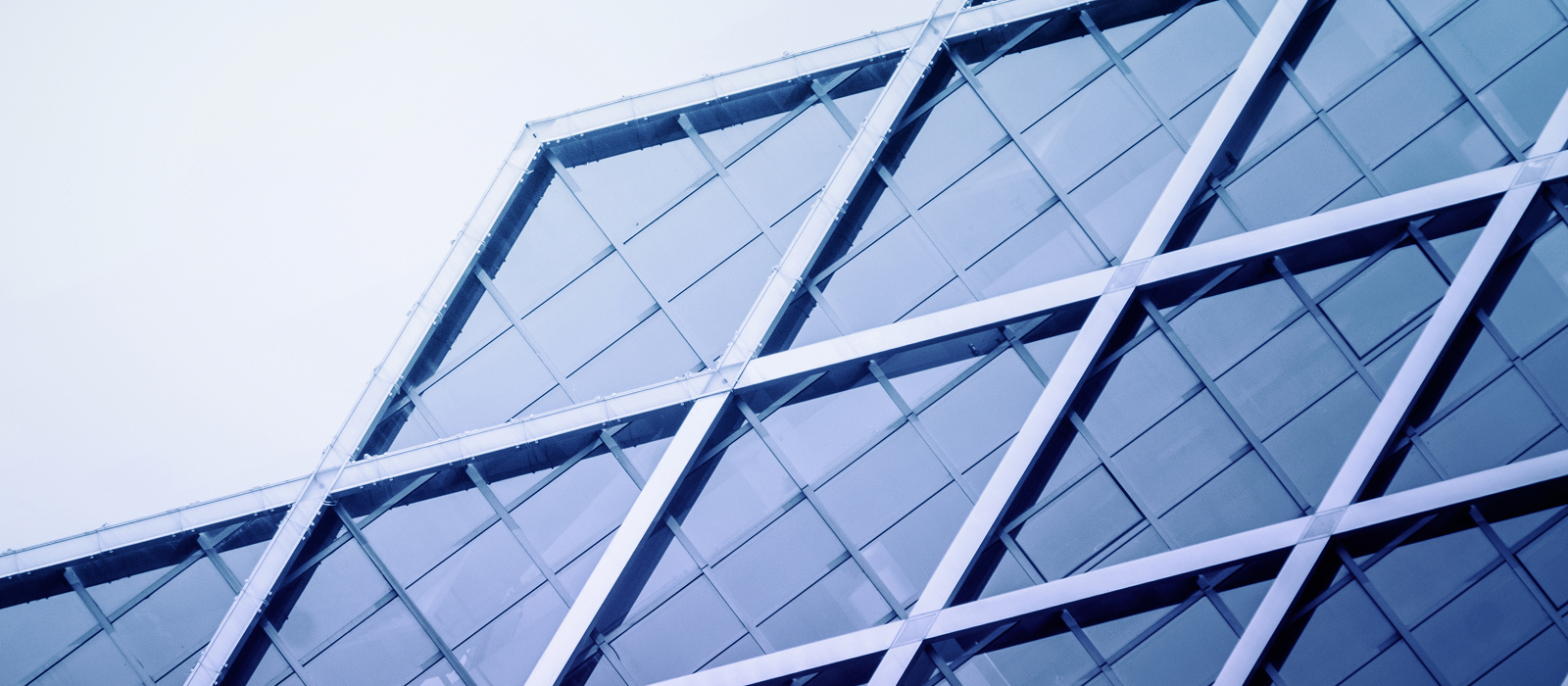 Decorative. Glass building facade with blue-tinted geometric panels and structural beams