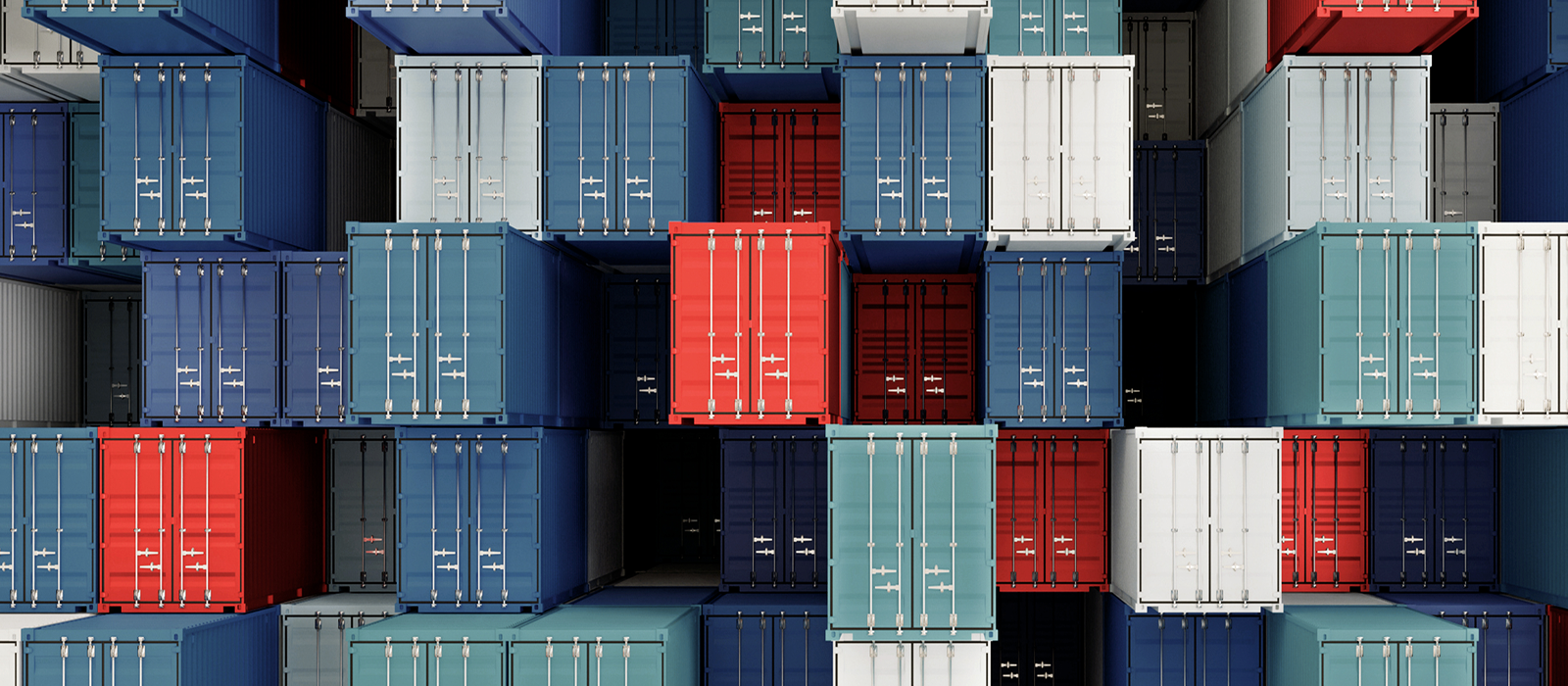Decorative. Tightly-packed stacks of colorful shipping containers,