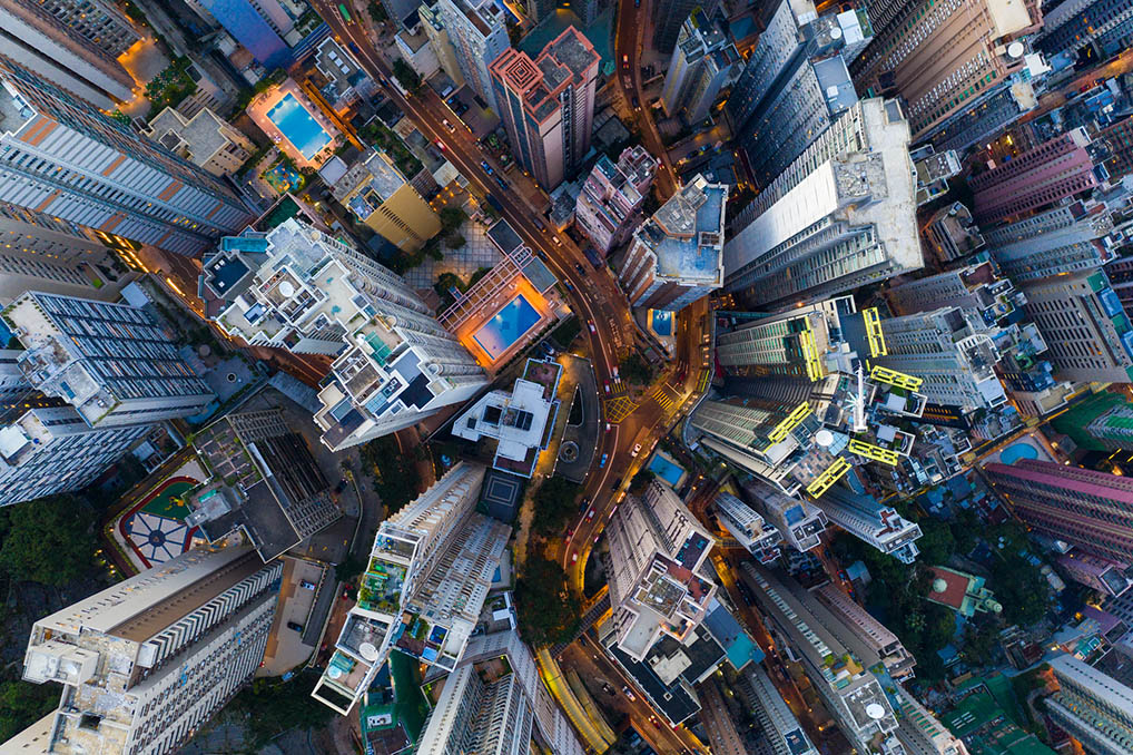 Decorative. Overhead view of tops of densely-packed skyscrapers.