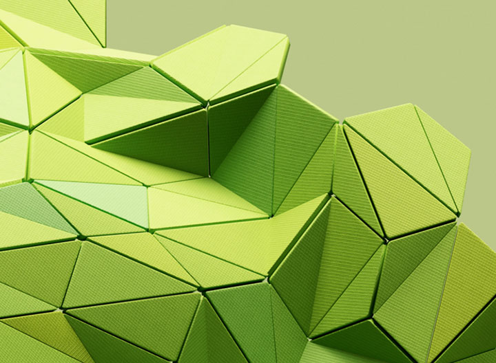 Decorative. 3D model of geometric form with bright green triangular surface.