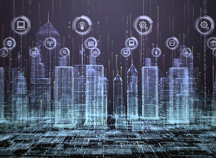 Decorative. Several tall construction cranes working on a building site during sunset.