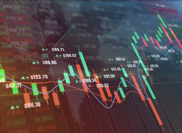 Decorative. Colorful financial chart with candlestick patterns and trend lines showing market data.