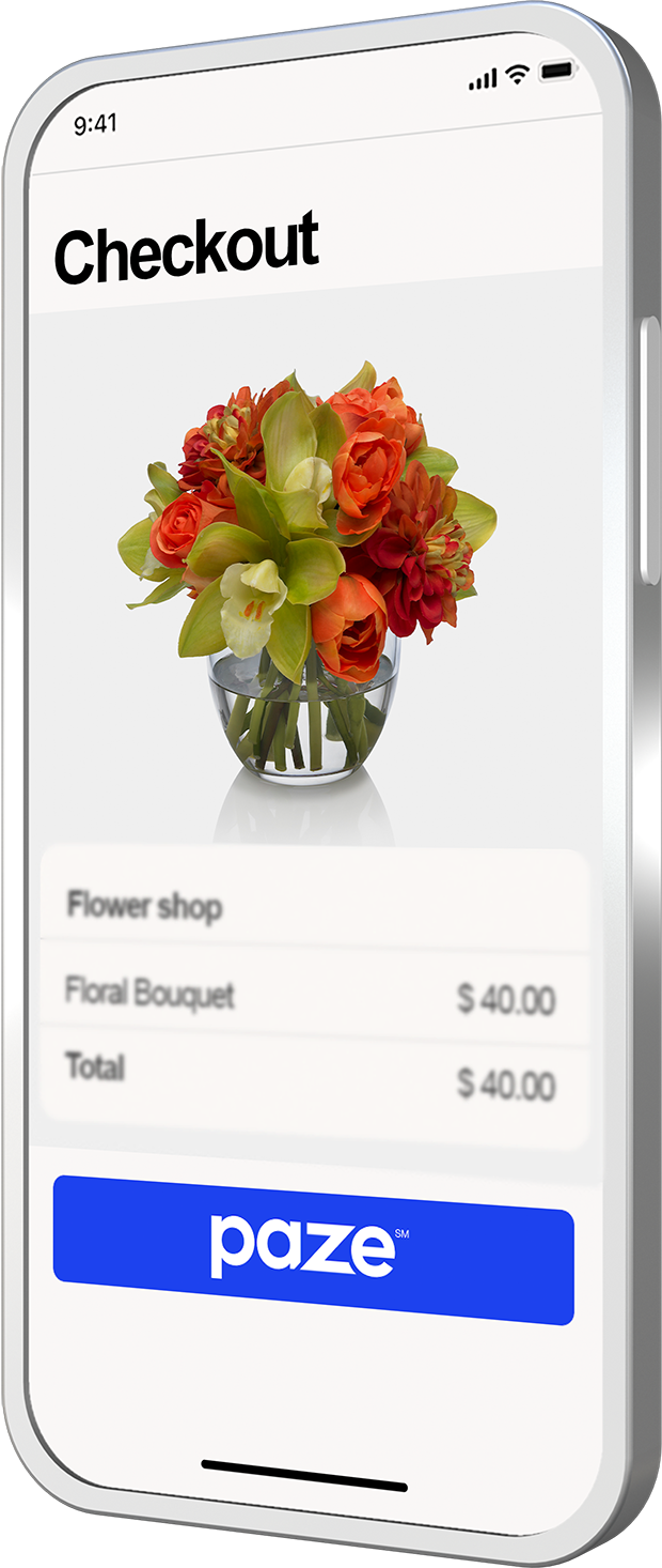 Merchant checkout showing Paze, with an image of a woman holding a bouquet of flowers on the left