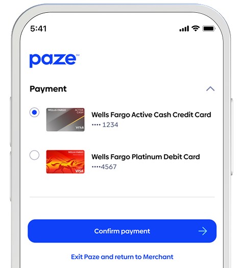 Product showcase. Paze payment selection screen.