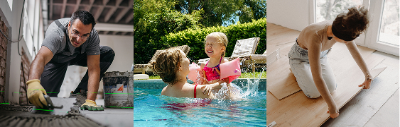 Lifestyle. Collage. Person fixing floor. Person and a child playing in the pool. Person installing floors.
